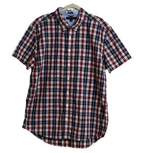 Tommy Hilfiger Men's Shirt XXL Custom Fit Short Sleeve Red White Blue Checked